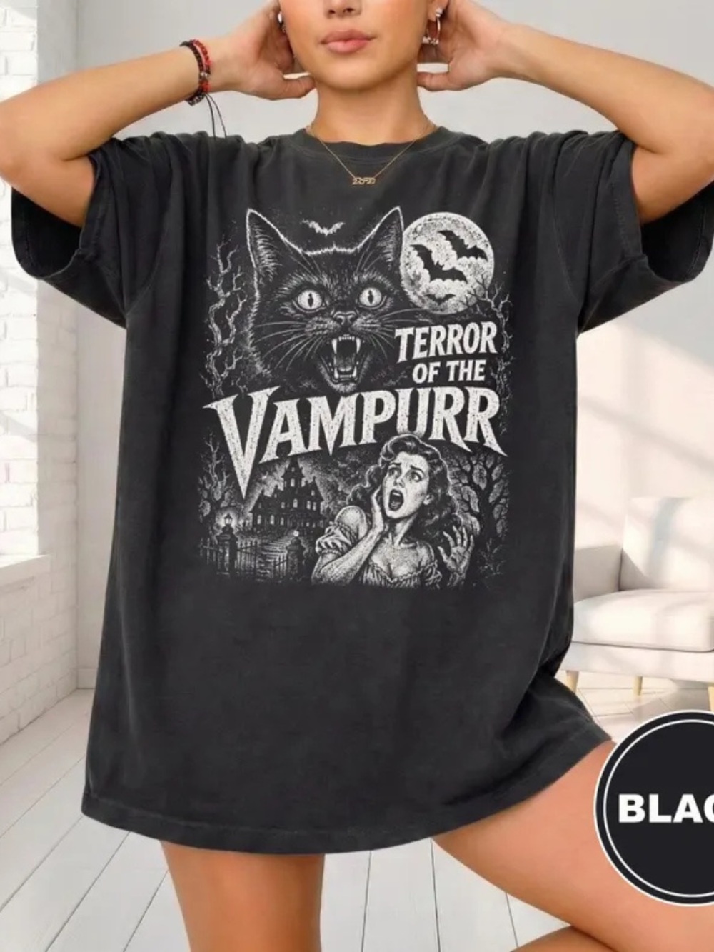 Comfort Colors Black 'Terror of the Vampurr' Graphic Tee, Retro Cat Vampire Tee